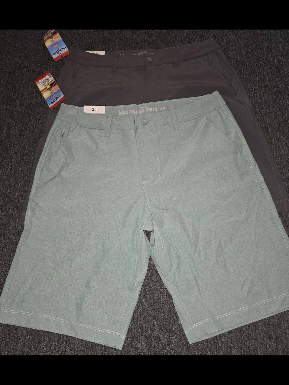 Hang Ten Men's Light Sage Green Flat-Front Shorts with Gray Pair